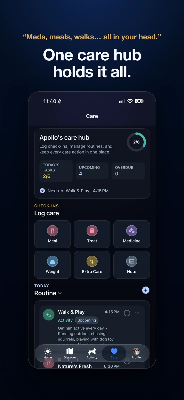Povalo Care hub with check-ins for meals, treats, medicine, and weight. Headline: Meds, meals, walks all in your head? One care hub holds it all.