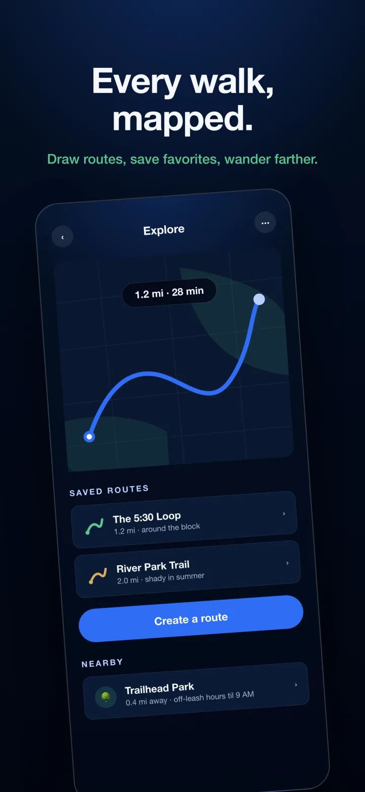 Povalo Explore screen showing a mapped walk, saved routes, and nearby parks