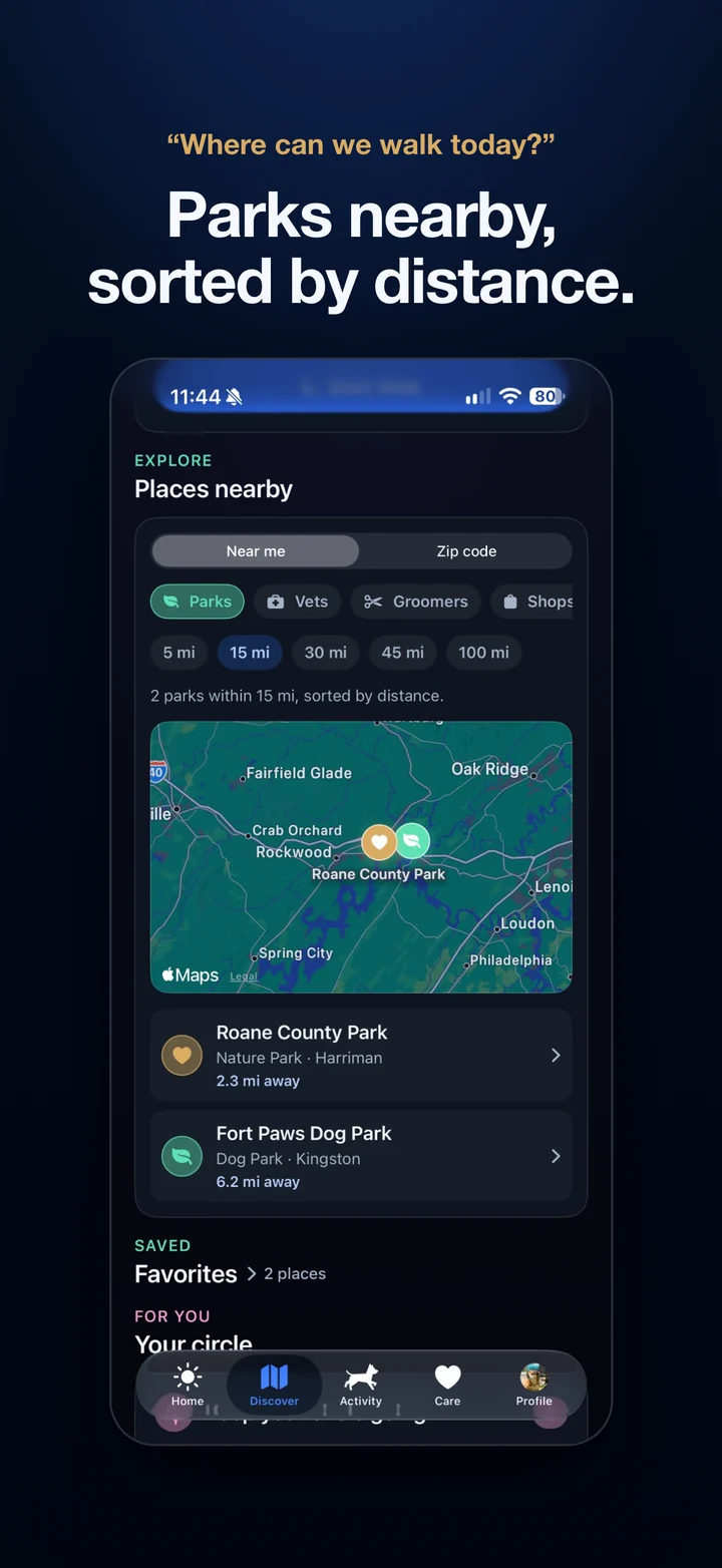 Povalo Places nearby showing parks on a map sorted by distance. Headline: Where can we walk today? Parks nearby, sorted by distance.