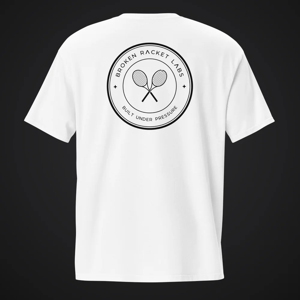 The After Hours Tee in white, back, with the black Broken Racket Labs seal