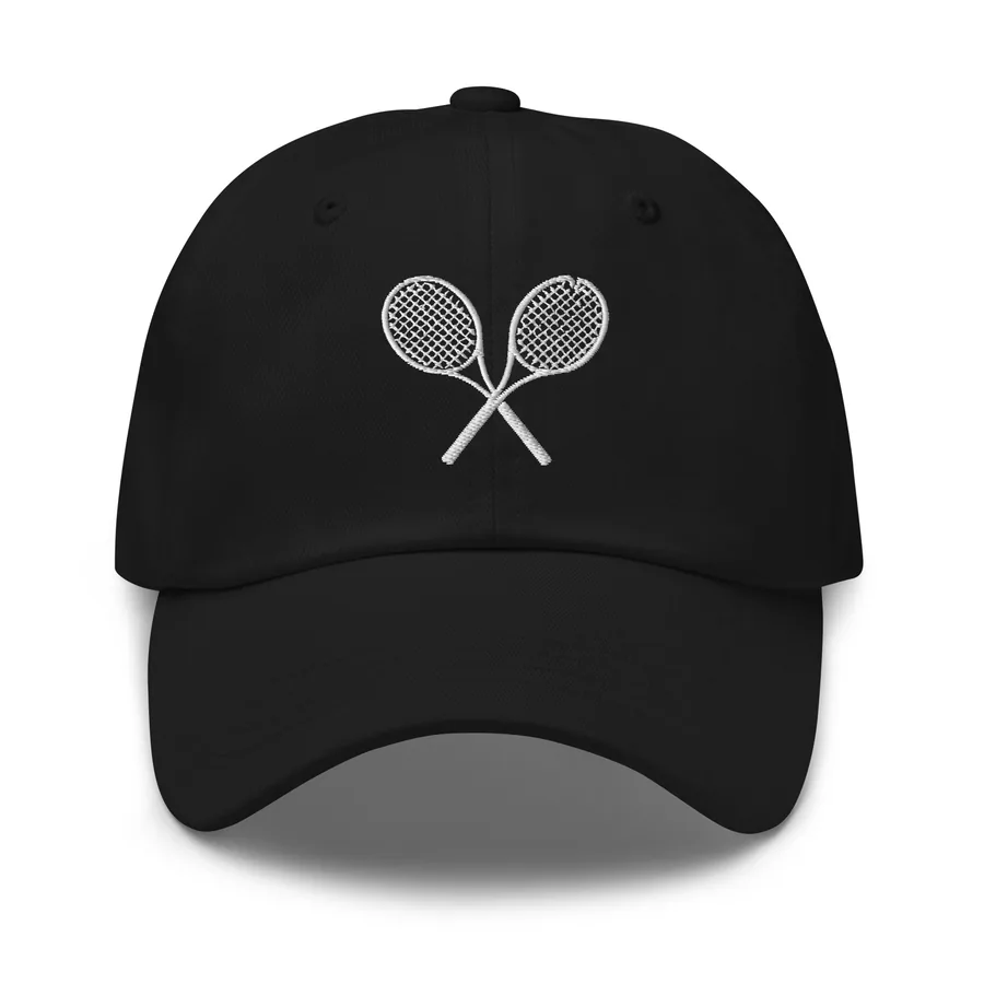 The Lab Cap in black with white crossed-racket embroidery